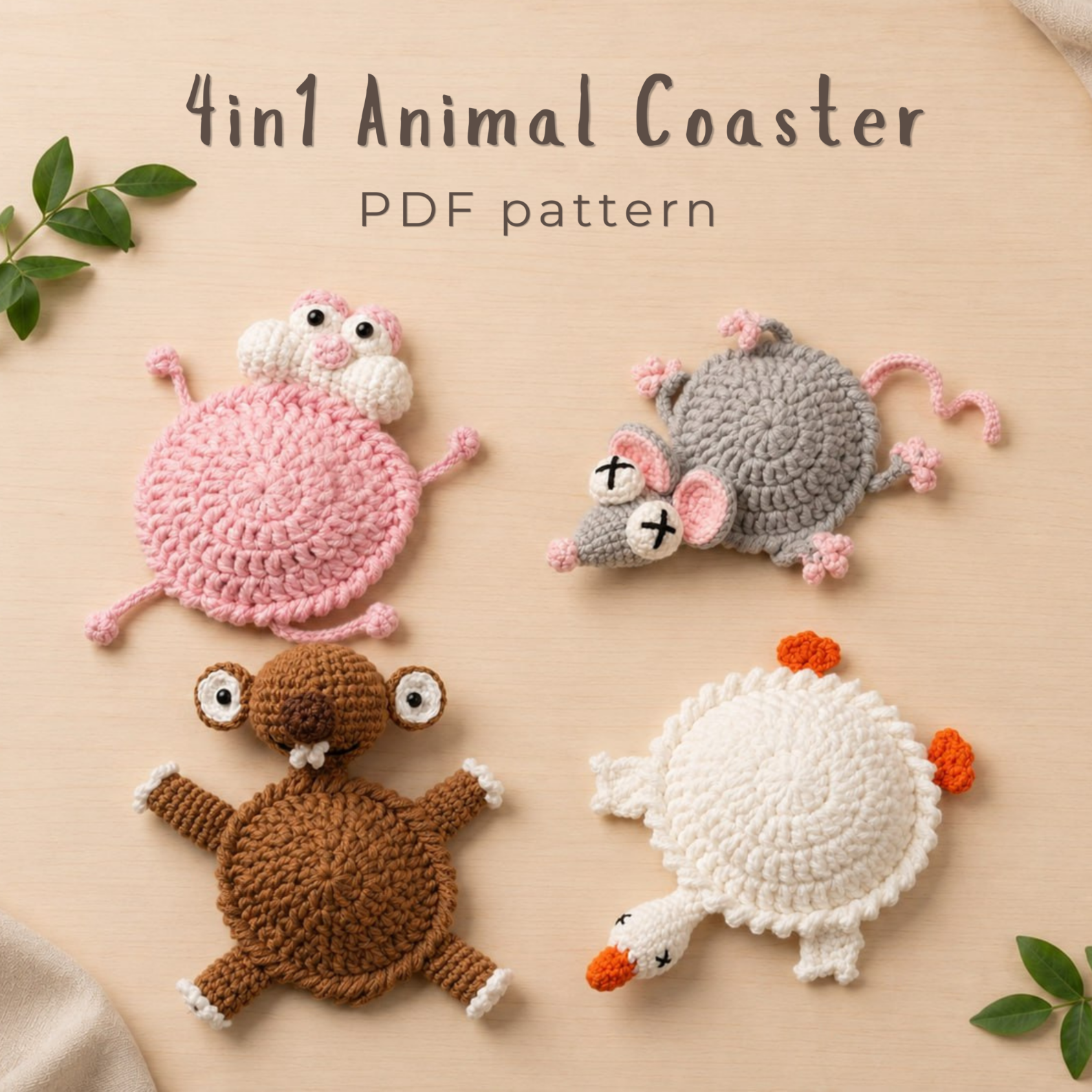 4-in-1 Animal Coaster Crochet Pattern Bundle PDF