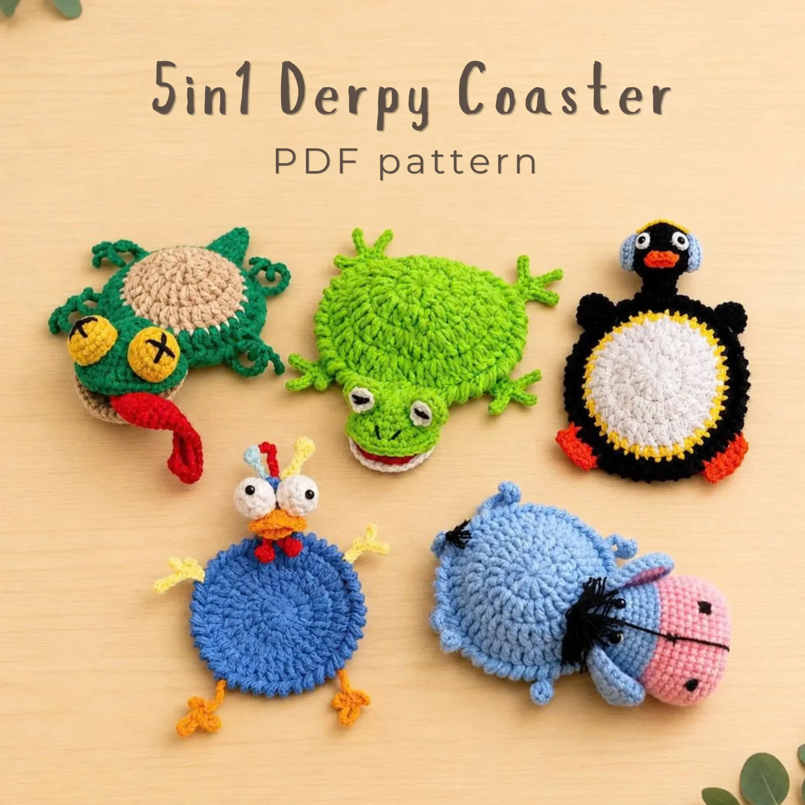 5-in-1 Funny Animal Coaster Crochet Pattern Bundle PDF