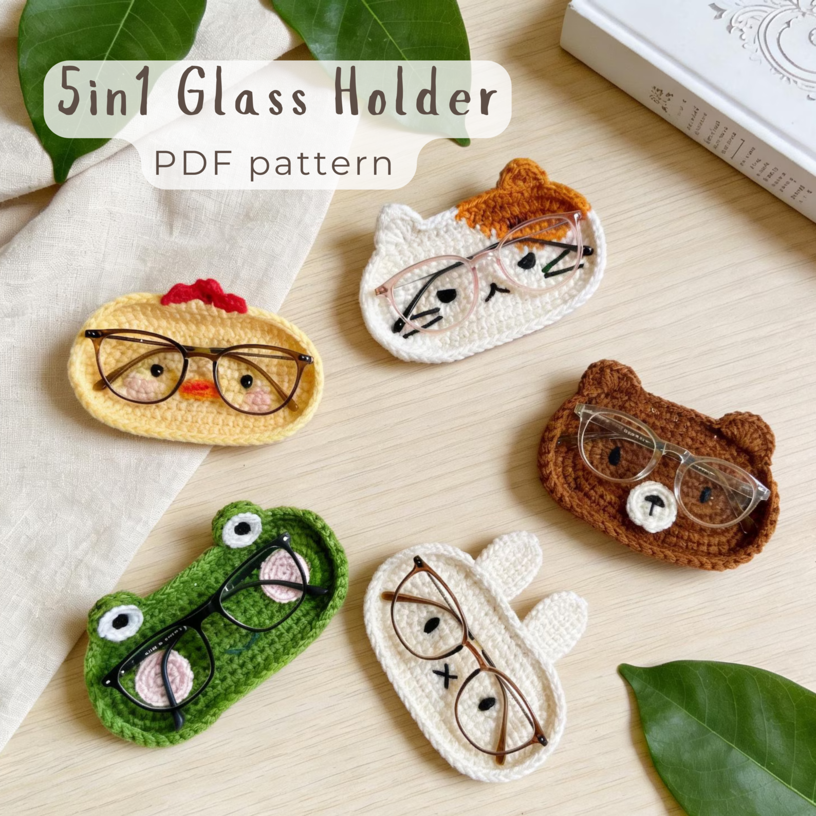 5-in-1 Animal Glasses Holder Crochet Pattern Bundle PDF