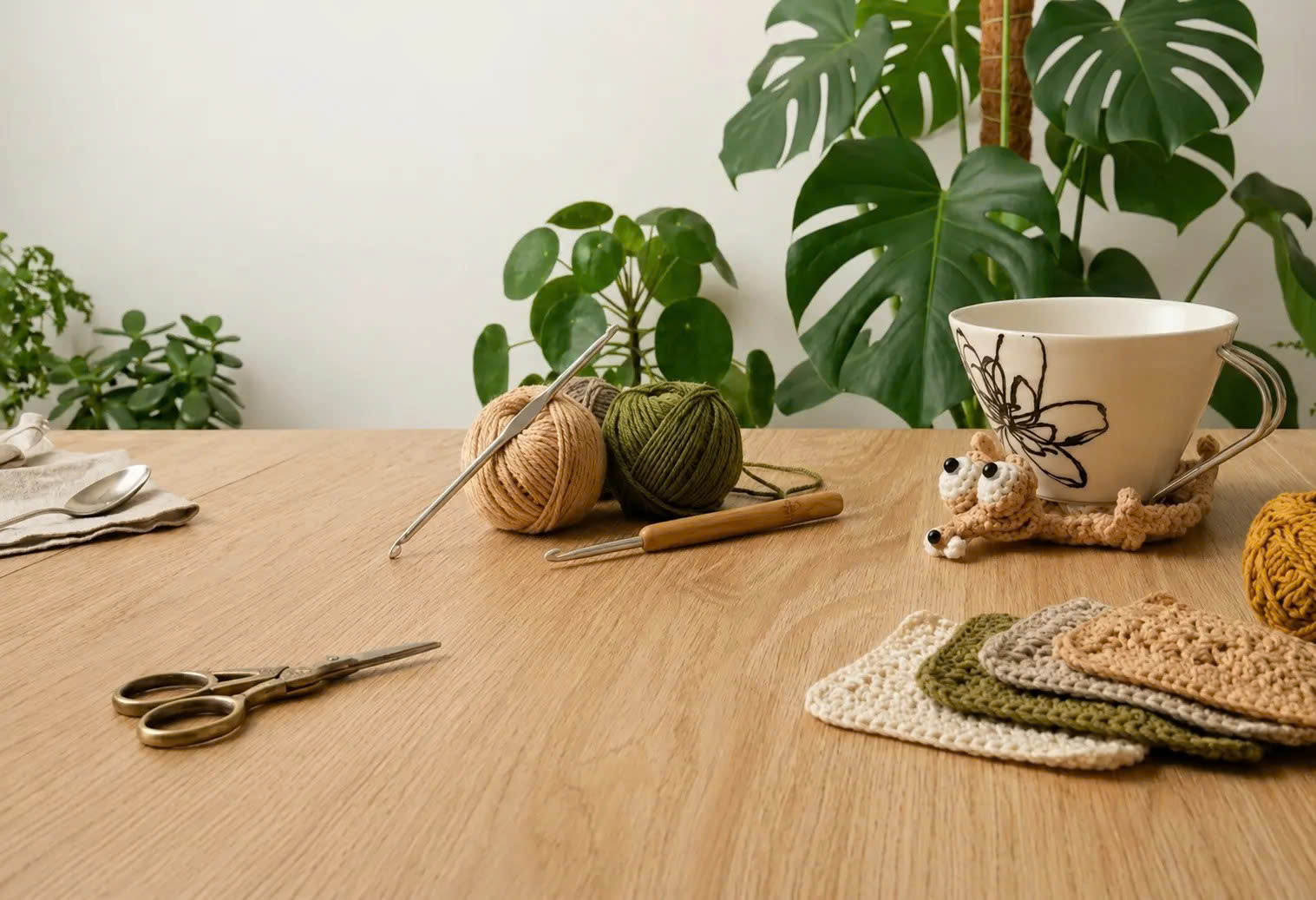 Crochet flatlay with yarn and finished coasters