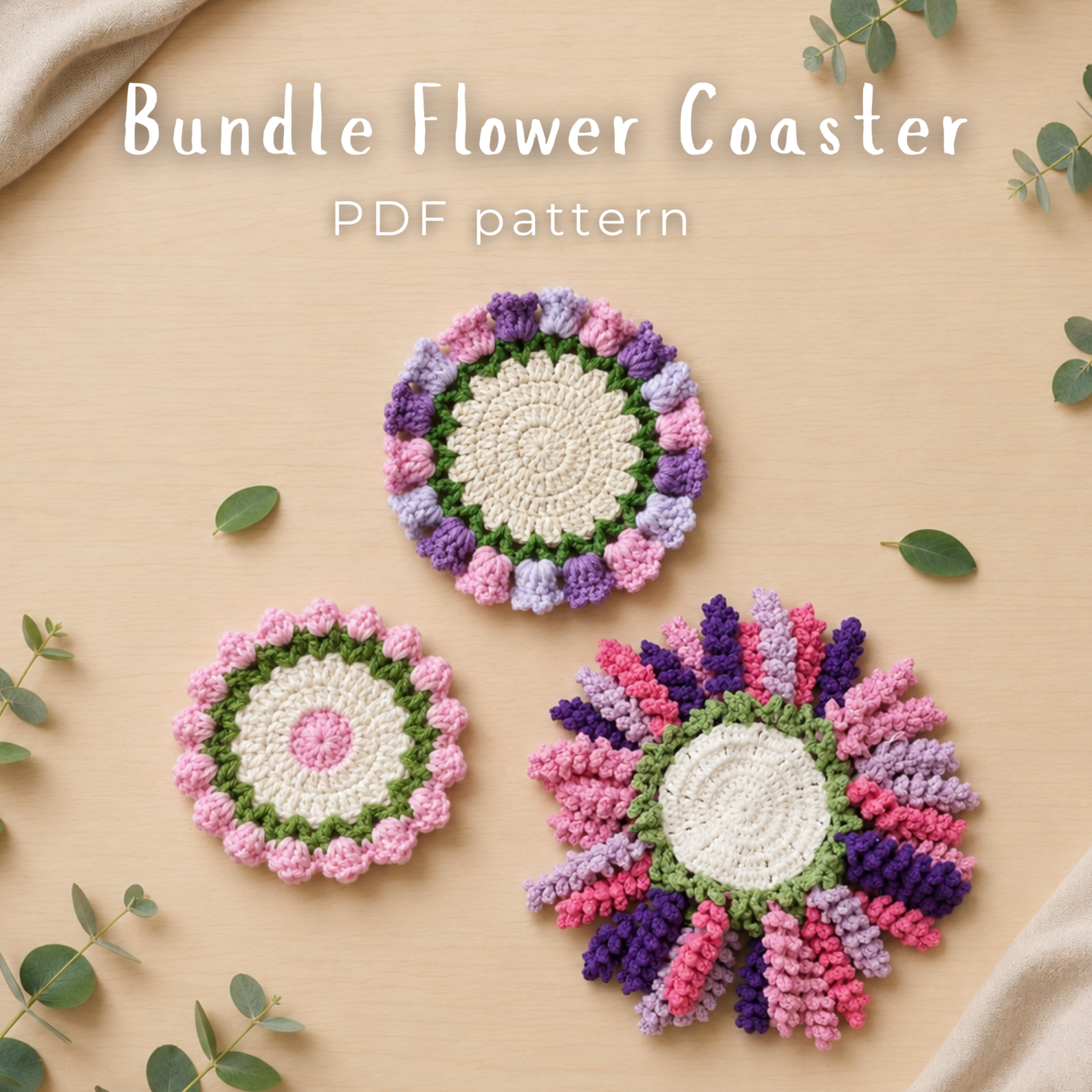 3-in-1 Flower Coaster Crochet Pattern Bundle | Tulip, Wisteria & Bellflower PDF